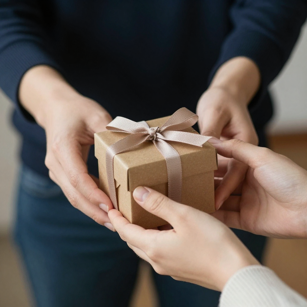 One person handing a small gift box to another person, both 