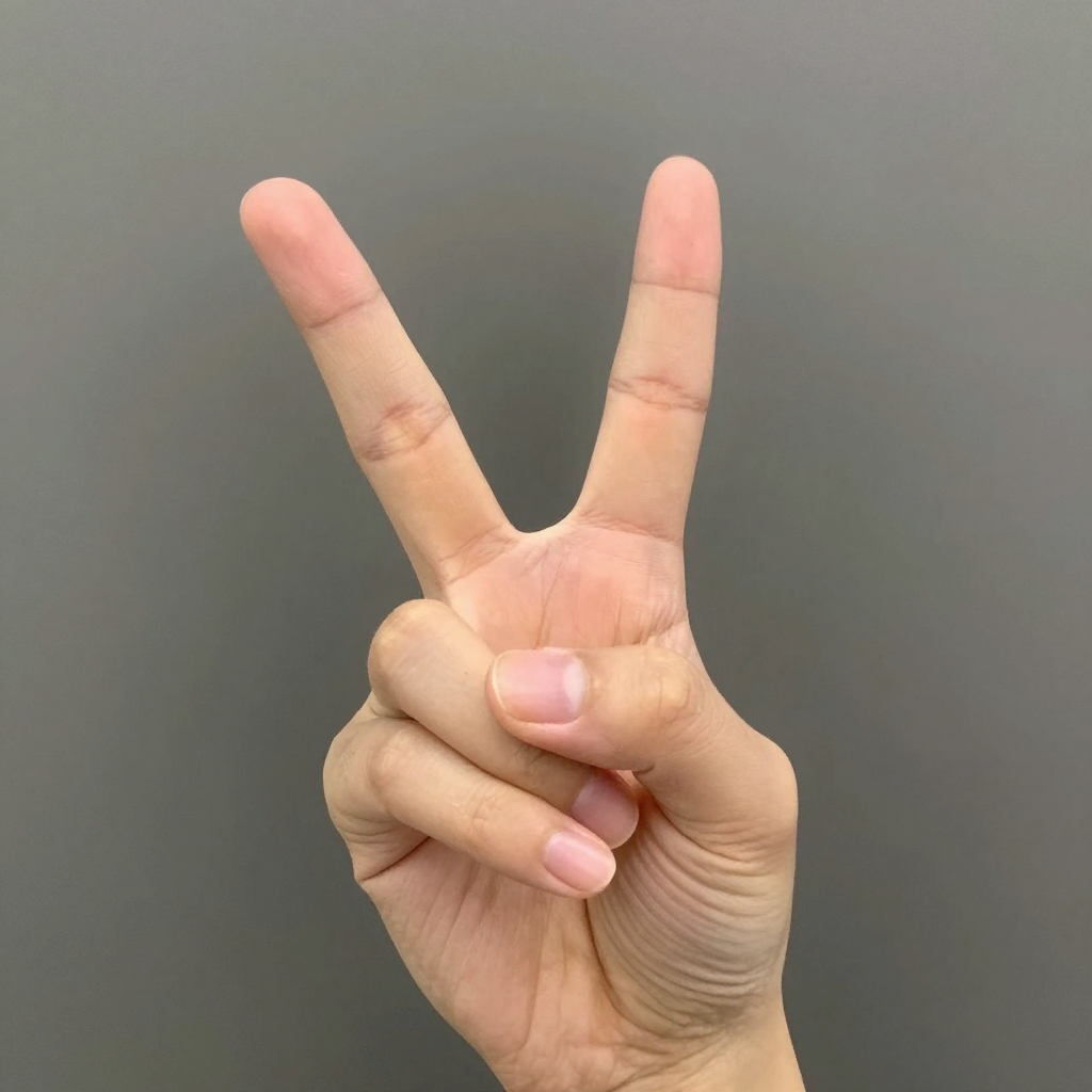 A person making a peace sign with their right hand, clearly 