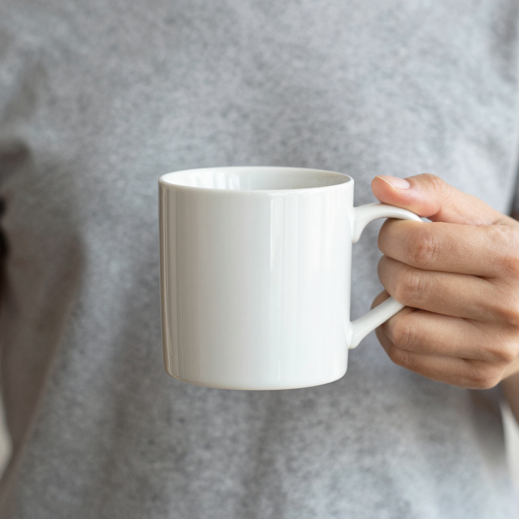A person holding a white ceramic coffee mug by the handle wi