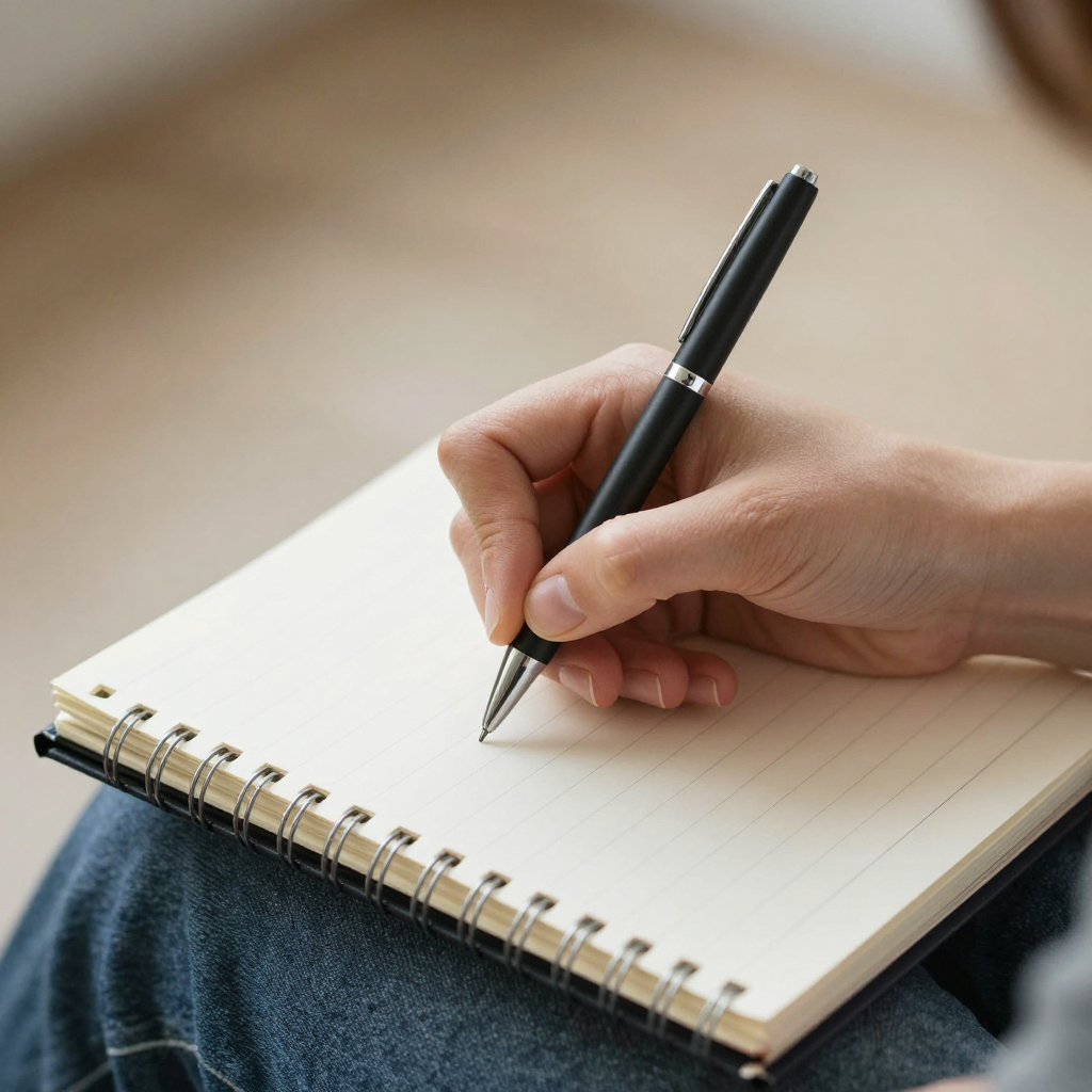 A woman writing in a notebook with a pen gripped correctly i