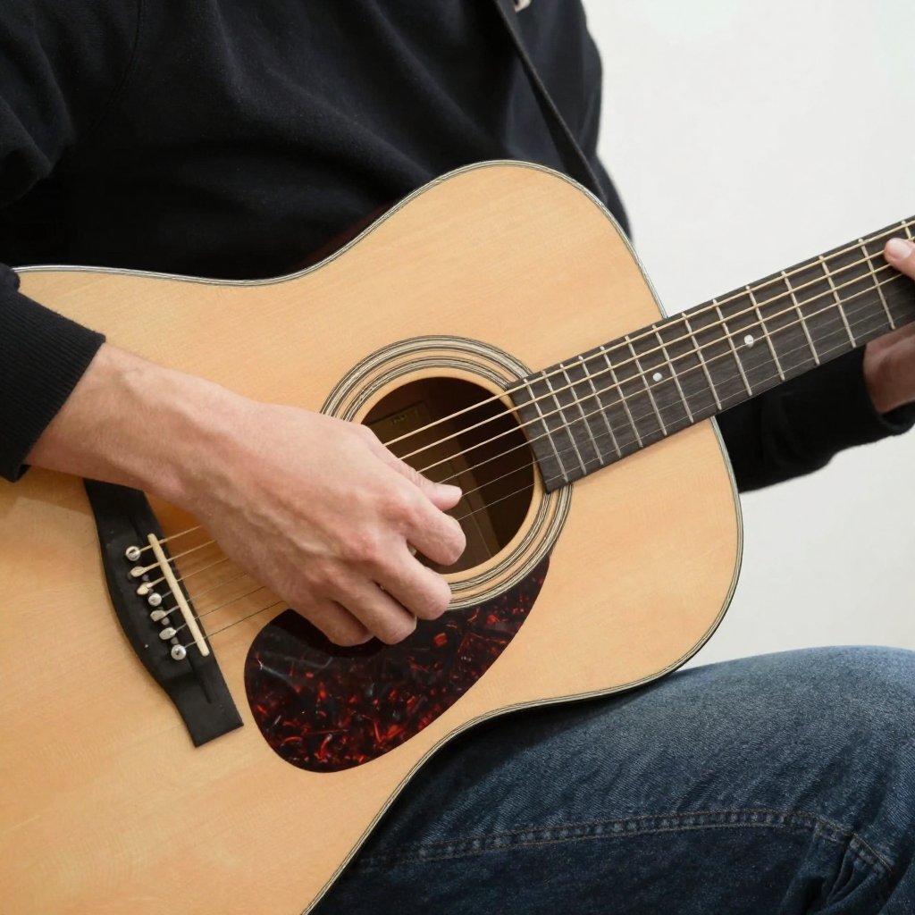 A person playing an acoustic guitar with left hand on the fr