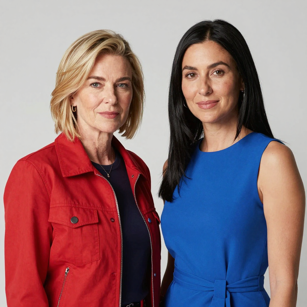 Two women standing side by side: one with short blonde hair 