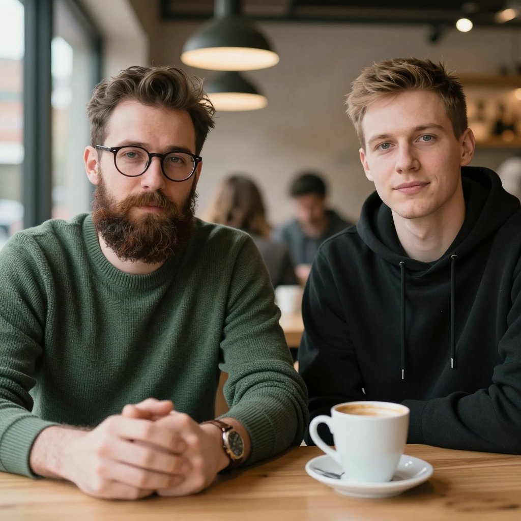 Two men at a cafe: one with a beard and glasses wearing a gr