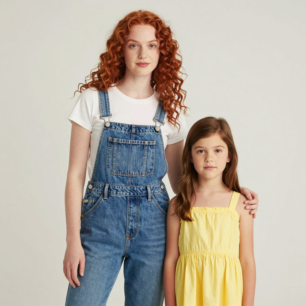 Two friends posing: one tall with curly red hair in denim ov
