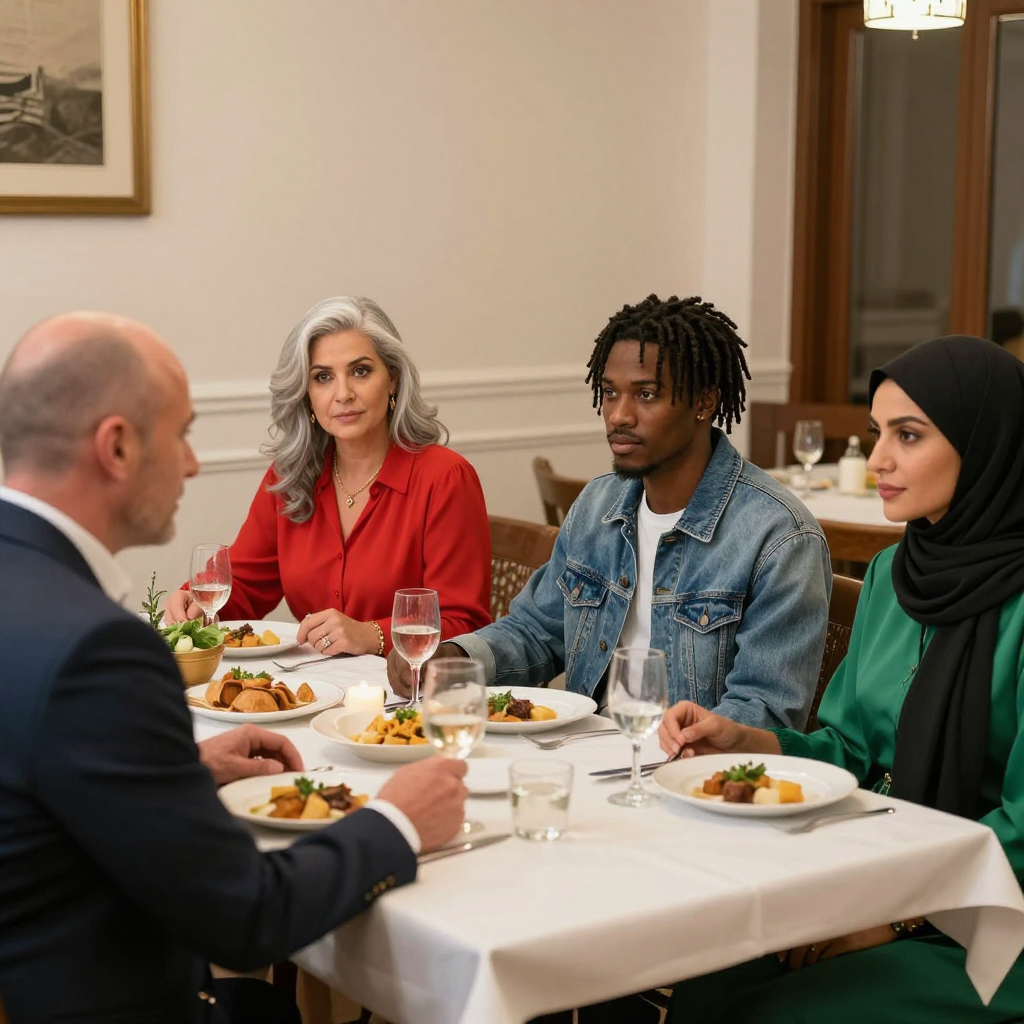 Four people at a dinner table: a bald man in a suit, a woman