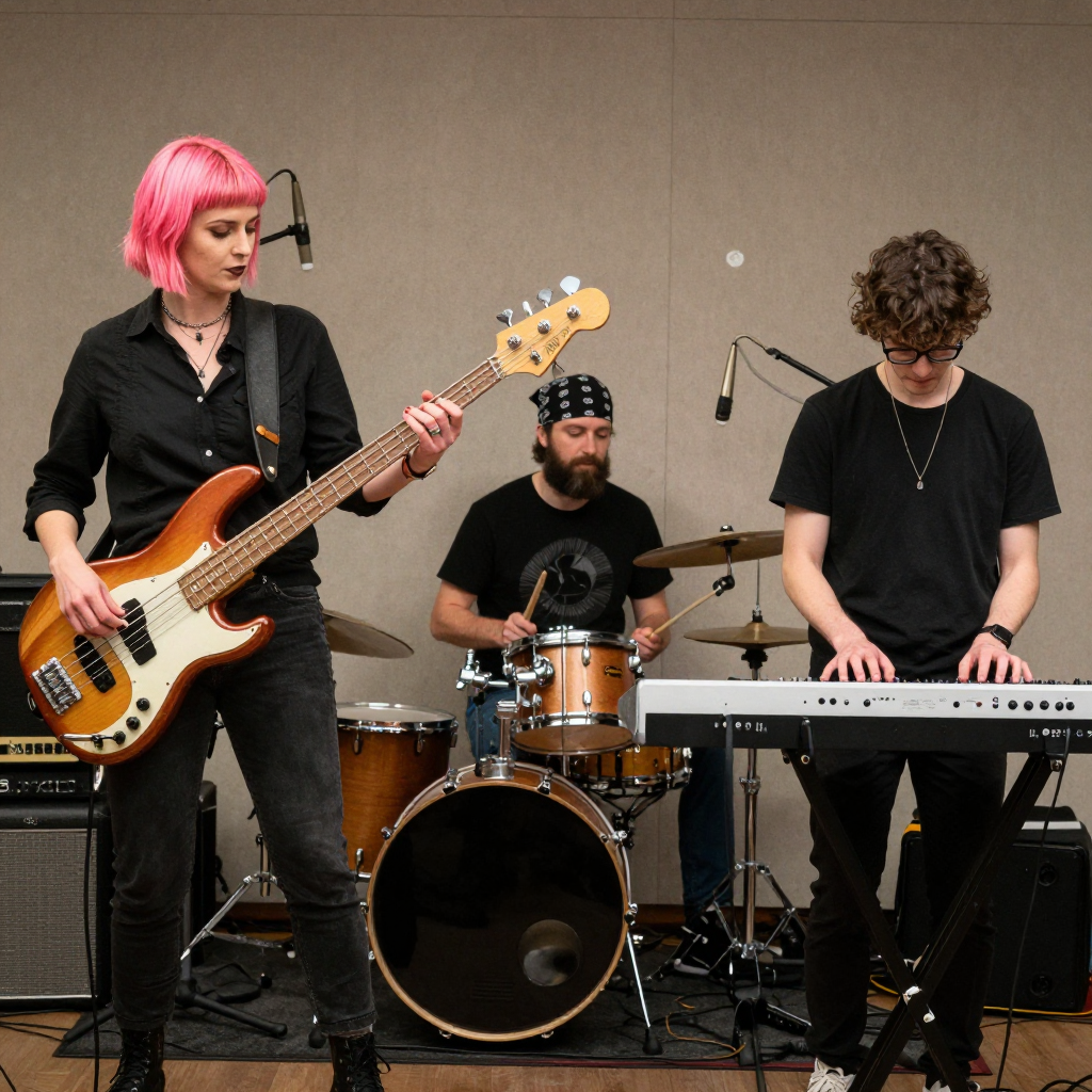 Three musicians on stage: a tall woman with short pink hair 
