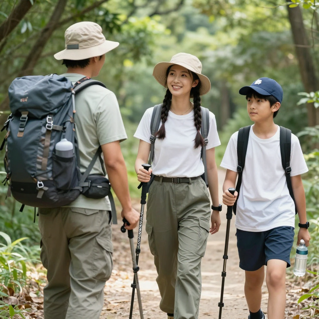 Three hikers on a trail: a man with a backpack and sunhat, a