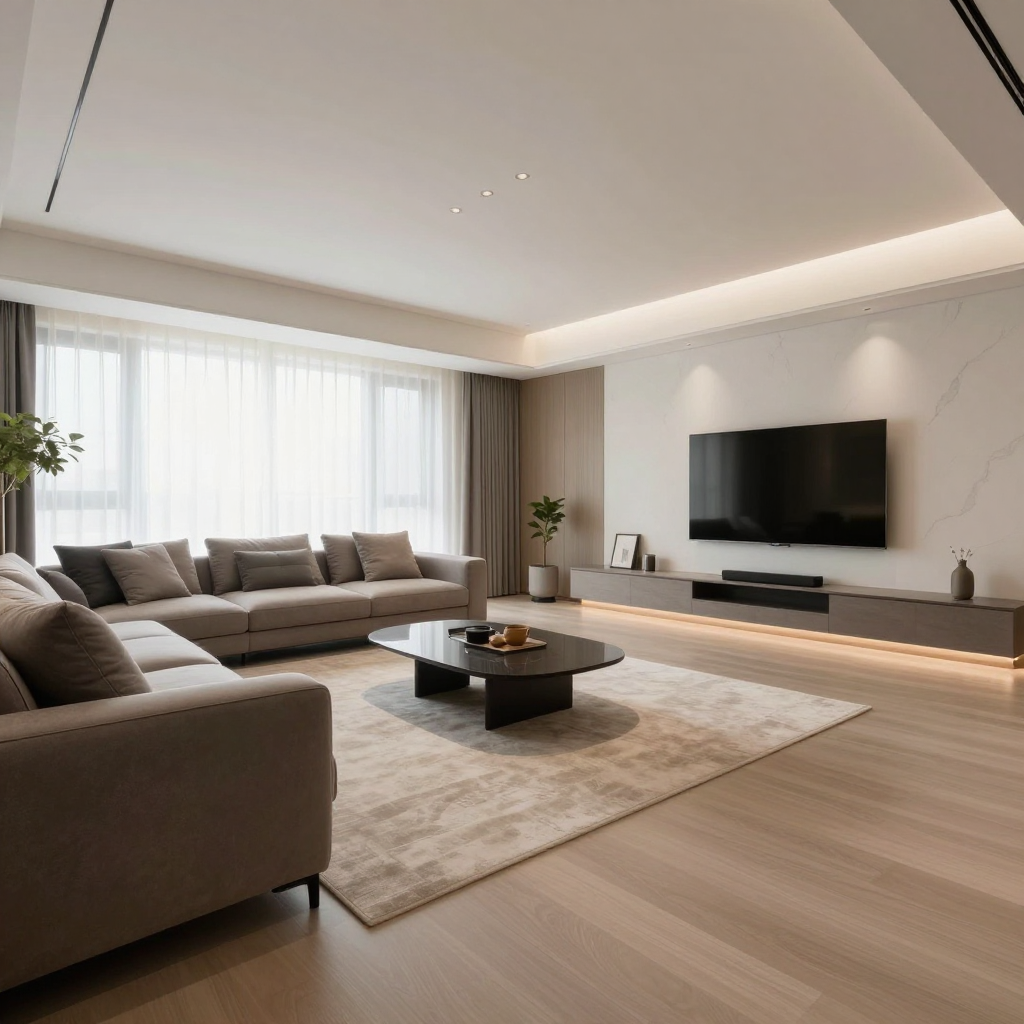 A wide-angle shot of a modern living room interior showing e