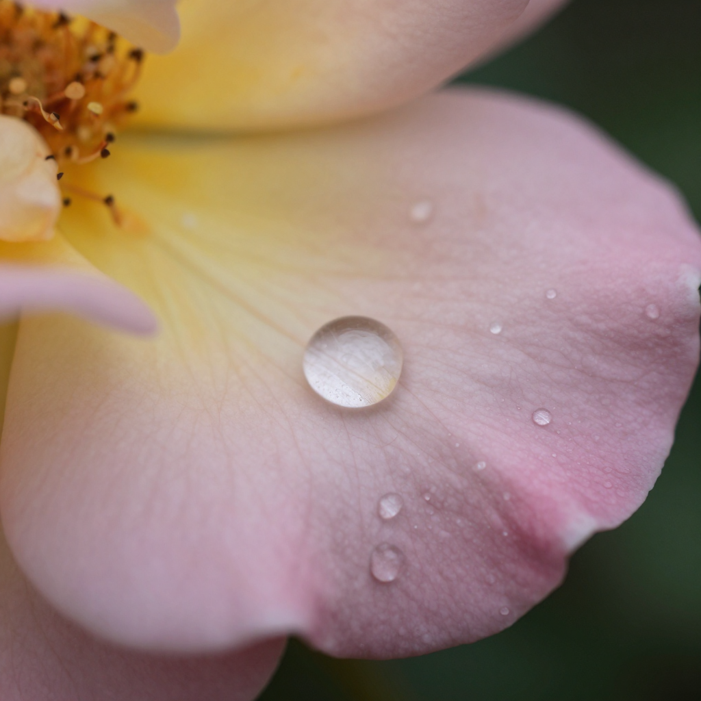A close-up macro shot of a single dewdrop on a rose petal, s