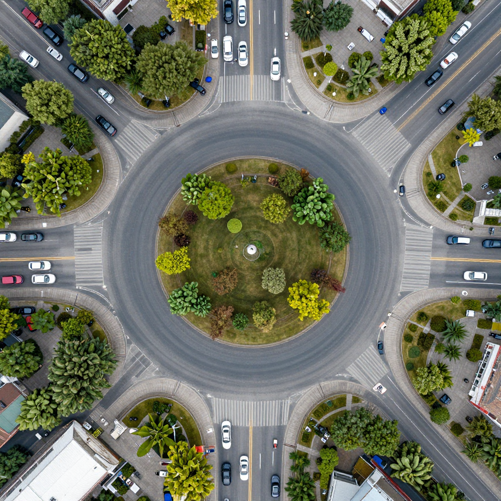 An aerial bird's-eye view looking straight down at a traffic