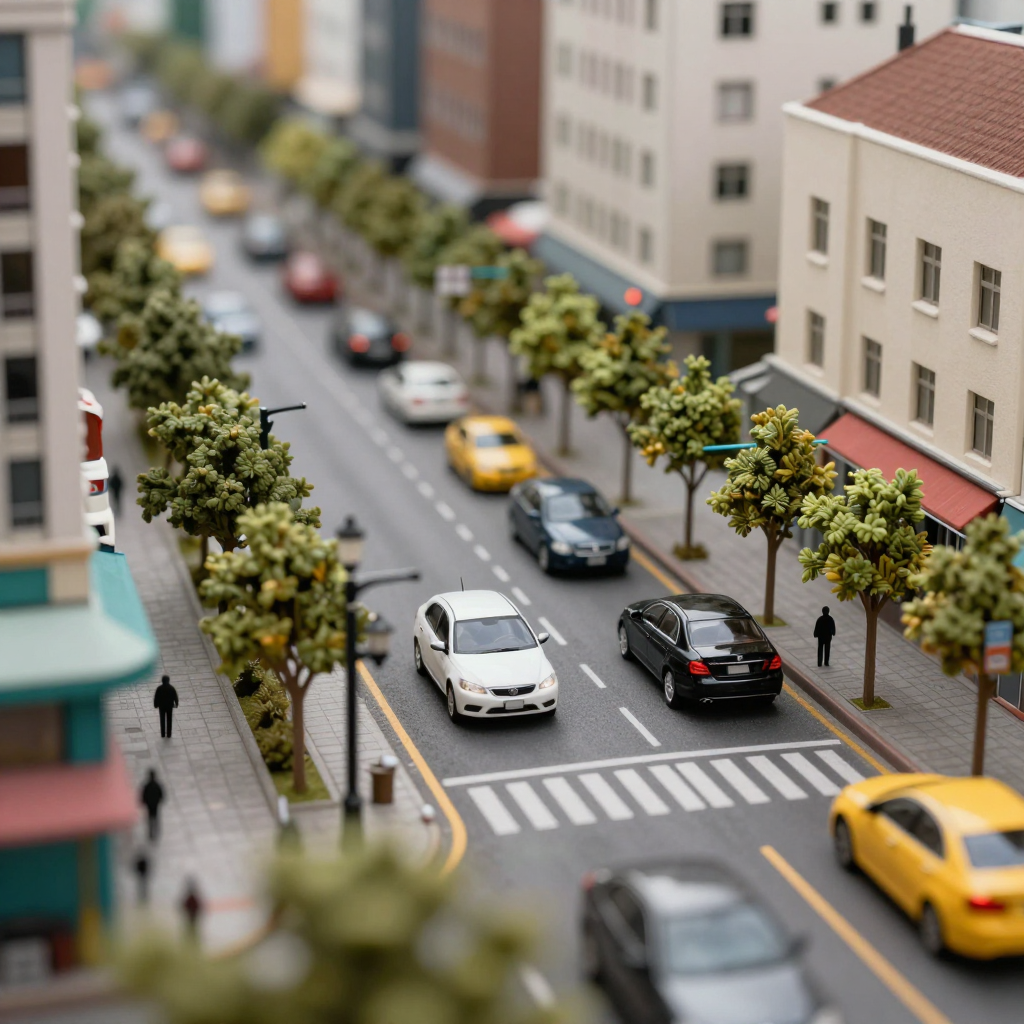 A tilt-shift photograph of a city street making real-life lo