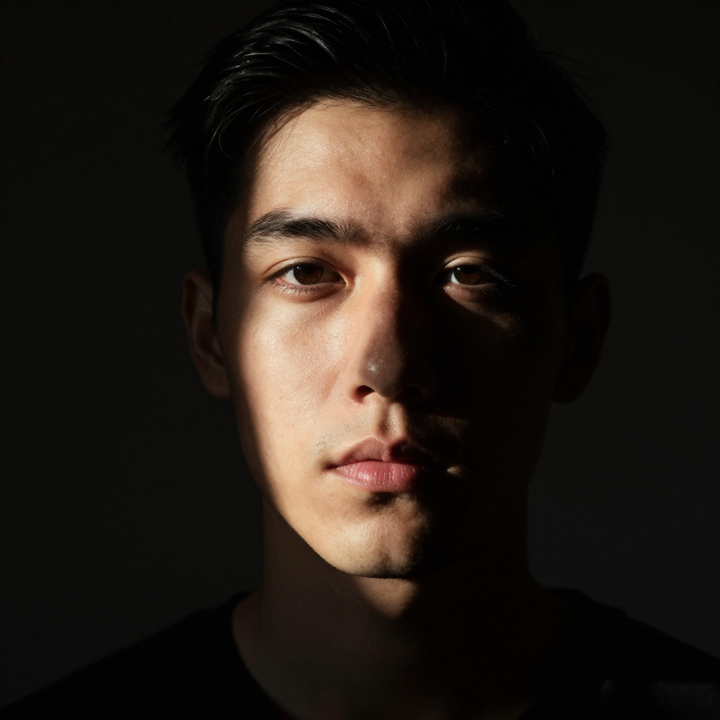 A portrait with dramatic split lighting — half the face brig