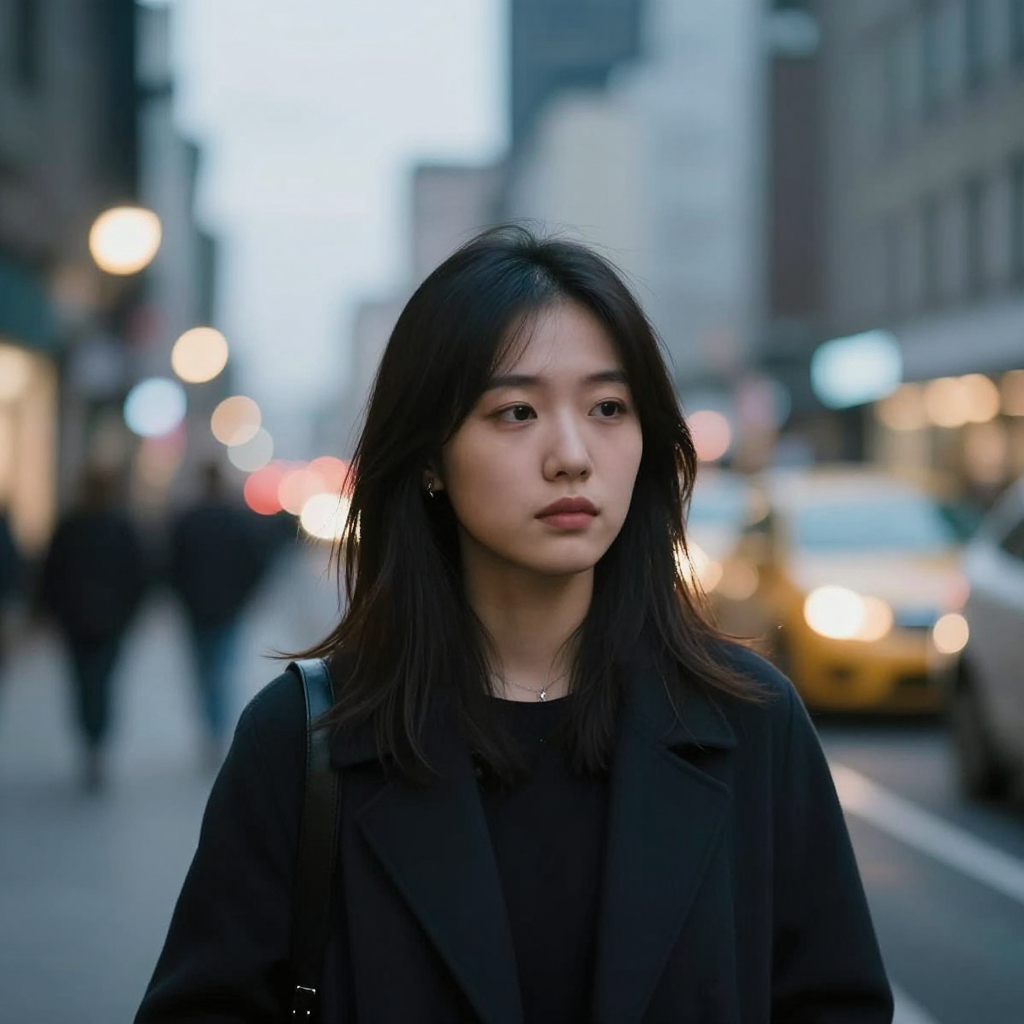 A street photograph with shallow depth of field as if shot a