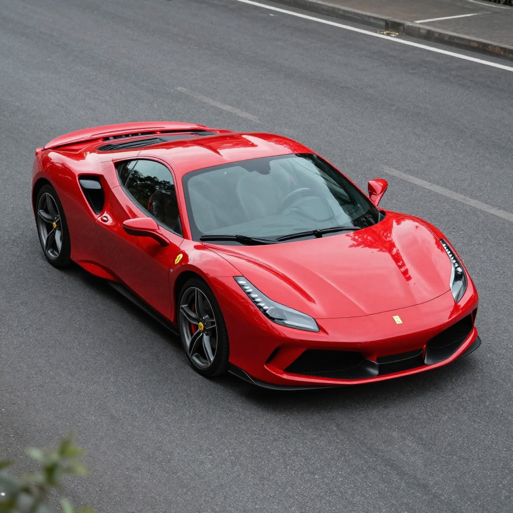 A bright red sports car parked on a gray asphalt road — the 