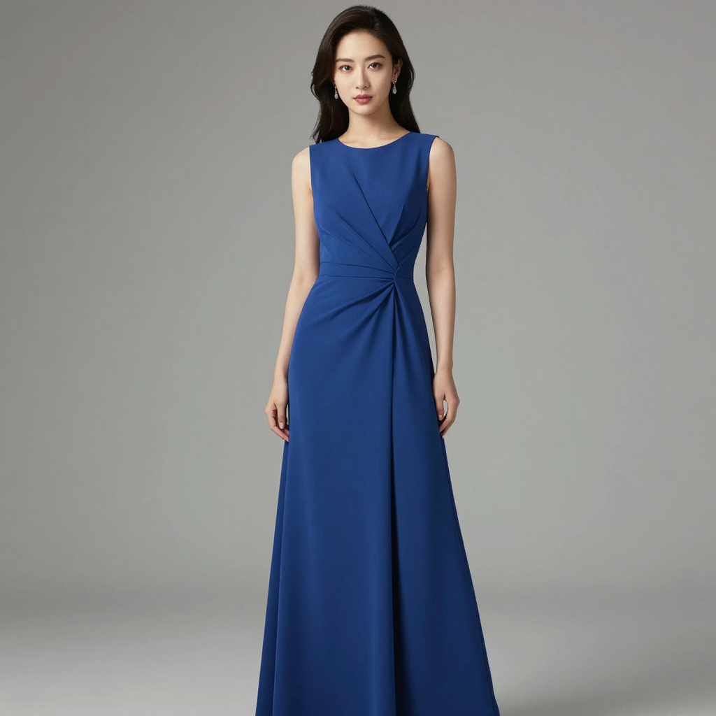 A woman wearing a royal blue evening dress against a neutral