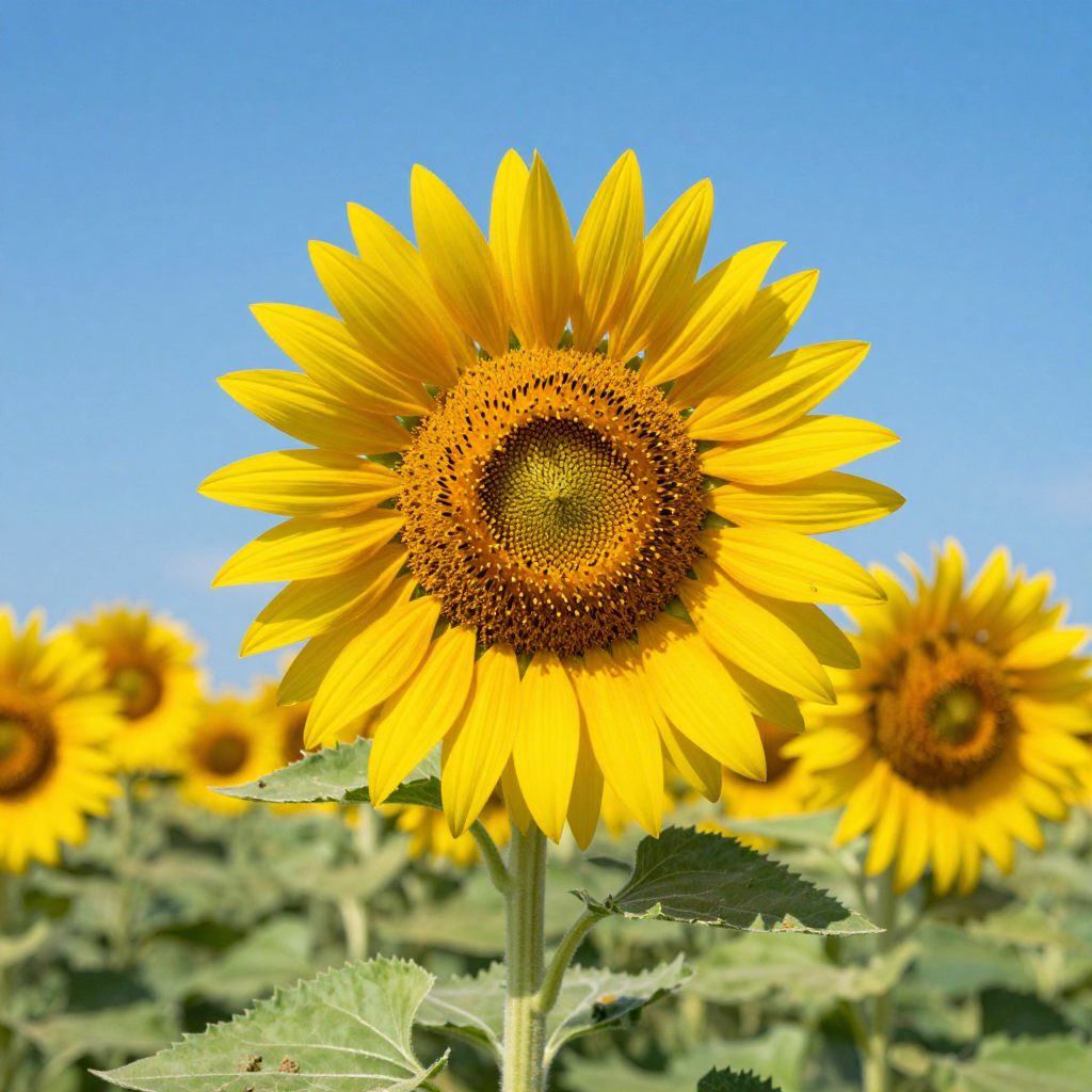 A field of pure sunflower yellow flowers under a clear blue 