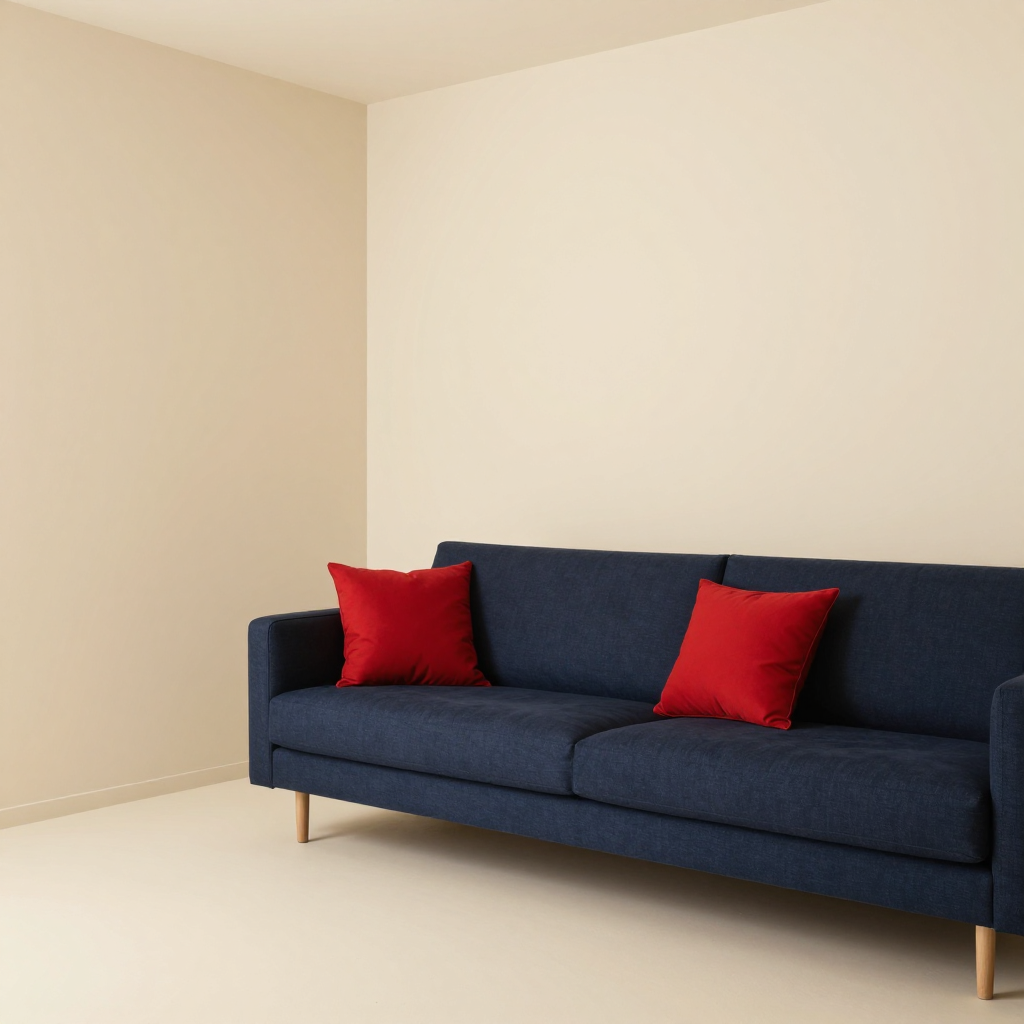 A minimalist room with walls in #F5E6CC (warm cream), a sofa