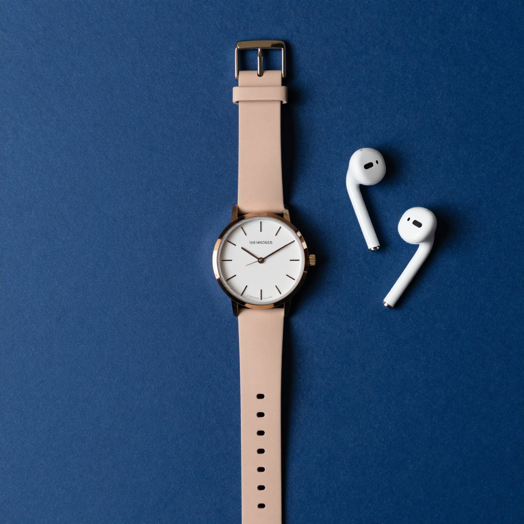 A product flat-lay on a #1A1A2E (deep dark blue) background,
