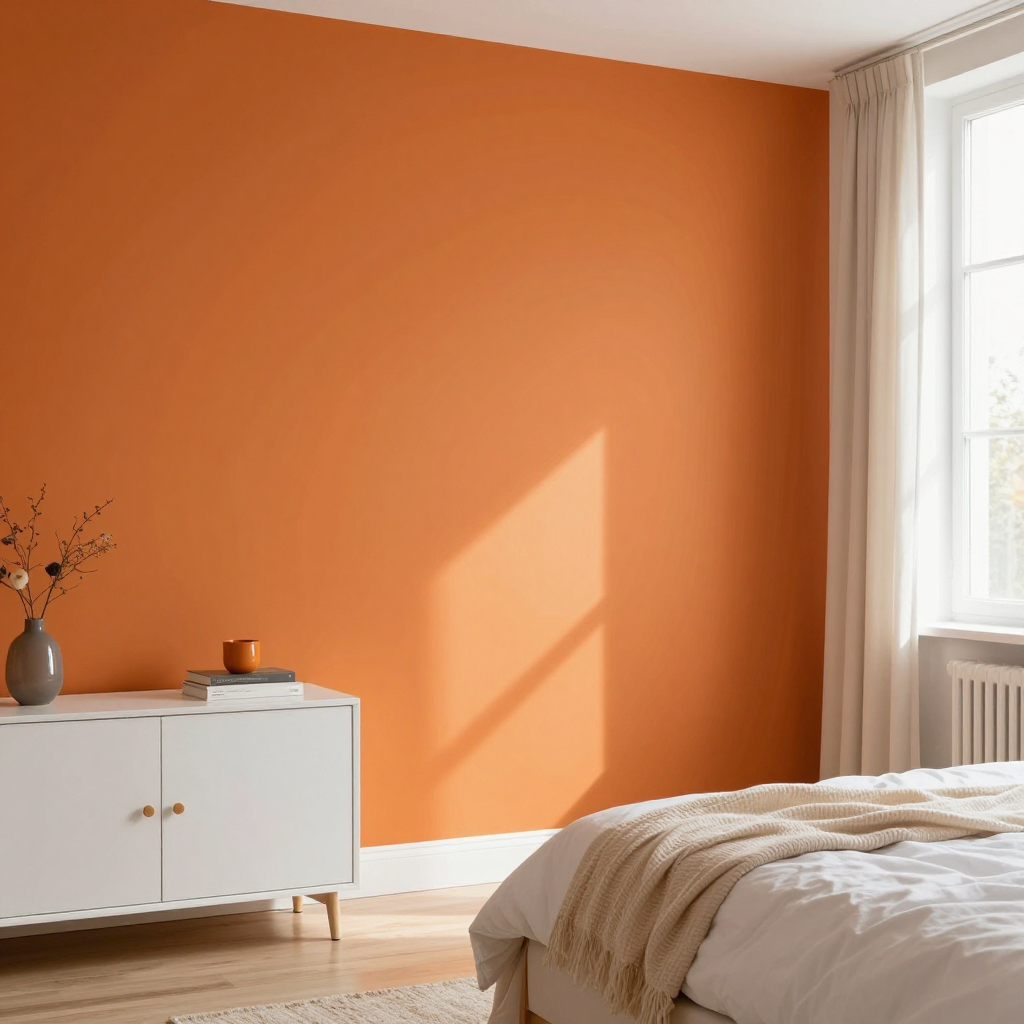 A bedroom wall painted in #FF6B35 (burnt orange) with white 
