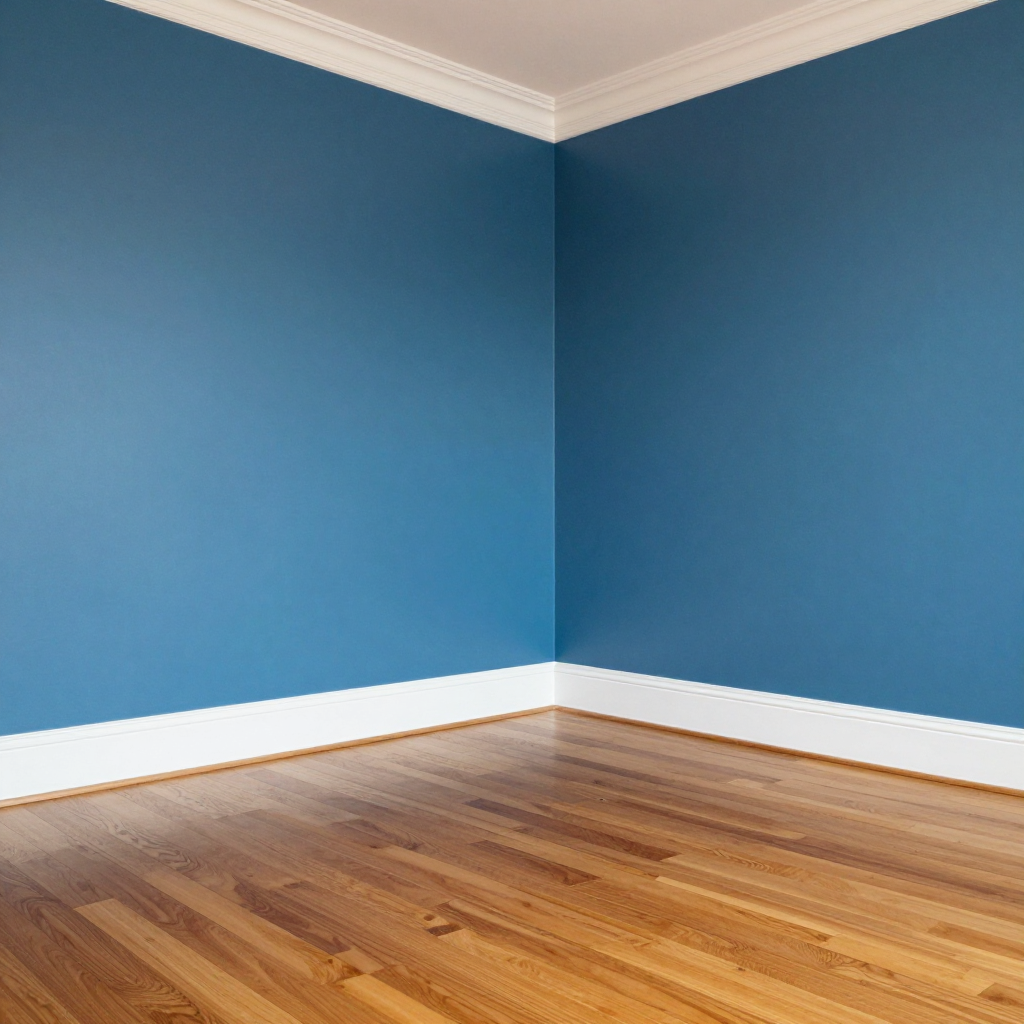 A room with walls in #4A90D9 (medium blue) with warm wooden 