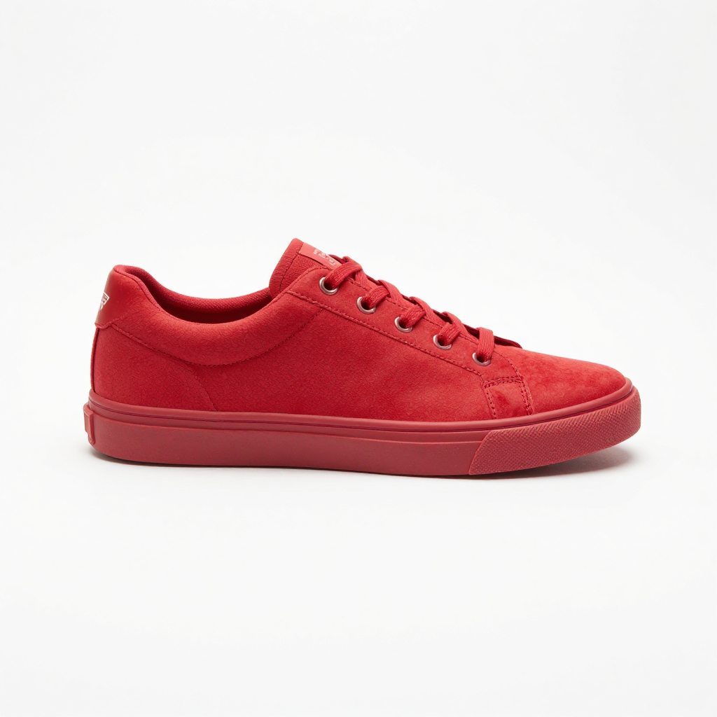 A single red sneaker on a clean white background with soft s