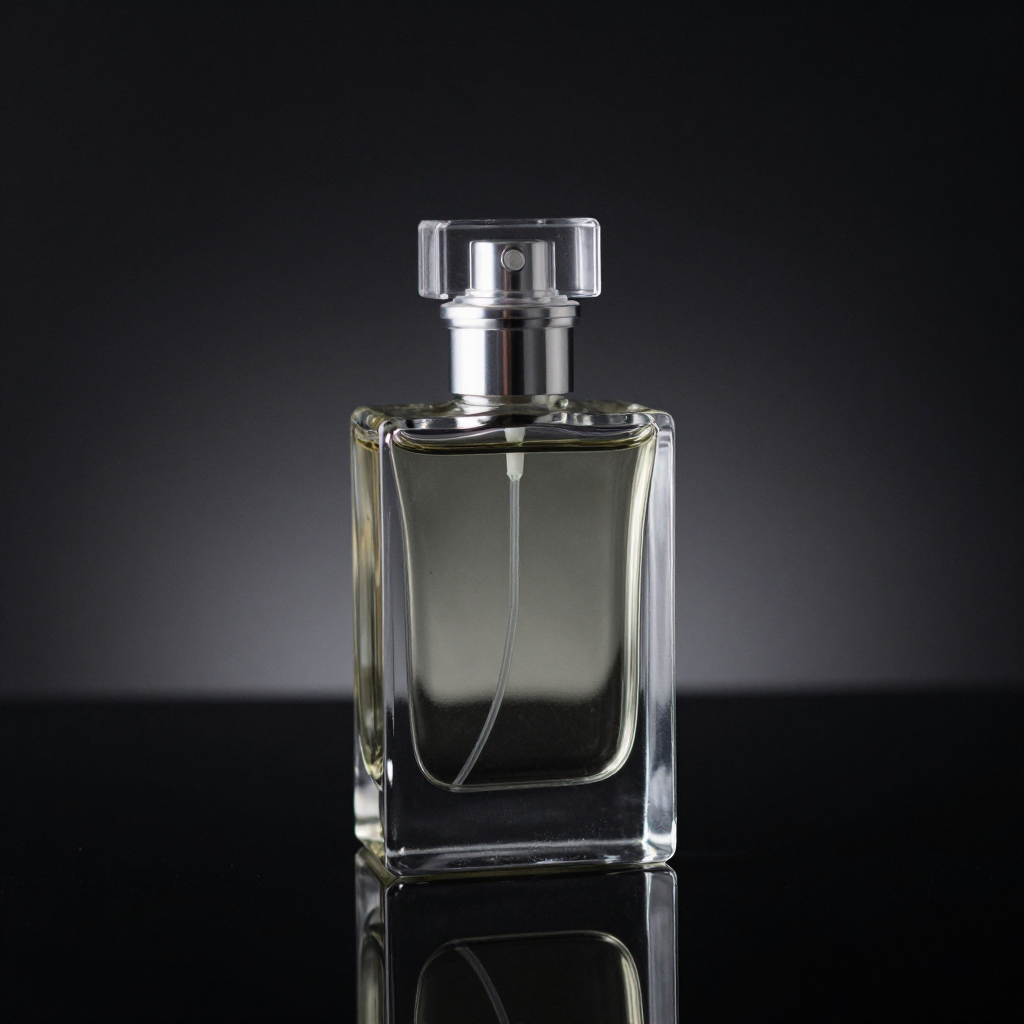 A clear glass perfume bottle on a reflective black surface w