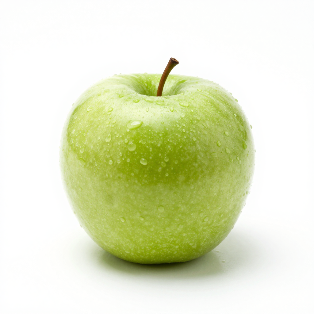 A ripe green apple on a seamless white background with soft 
