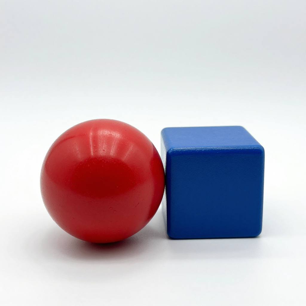 A red ball and a blue cube sitting side by side on a white s