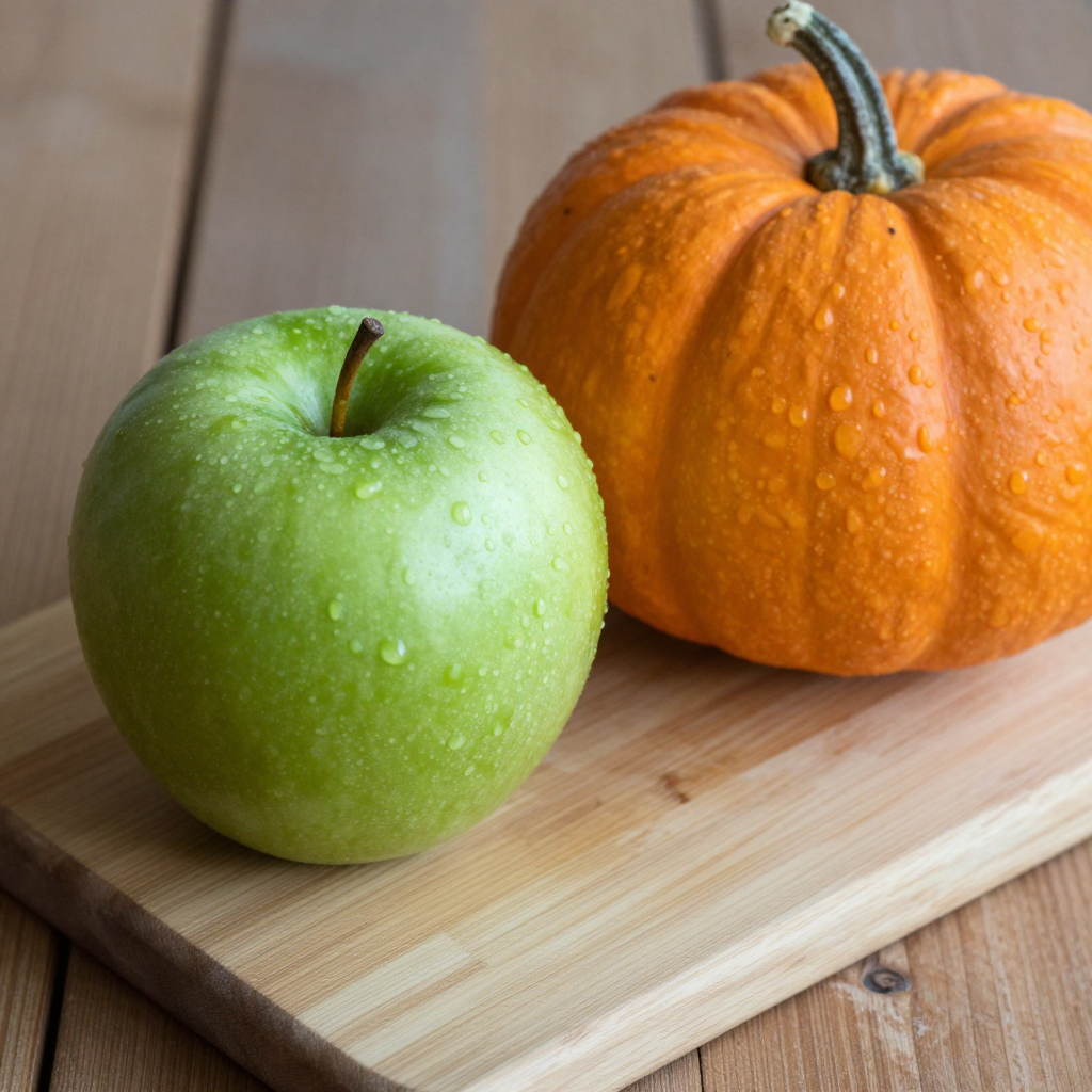 A green apple and an orange pumpkin on a wooden cutting boar
