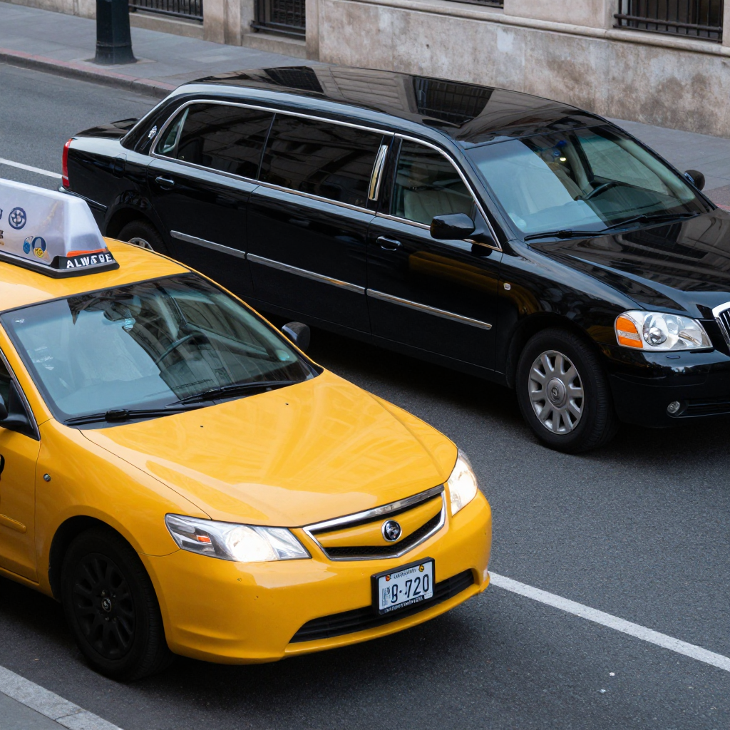 A yellow taxi and a black limousine parked next to each othe