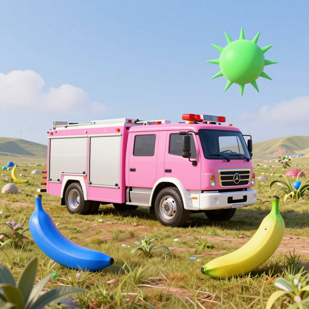 A pink fire truck, a blue banana, and a green sun in a surre