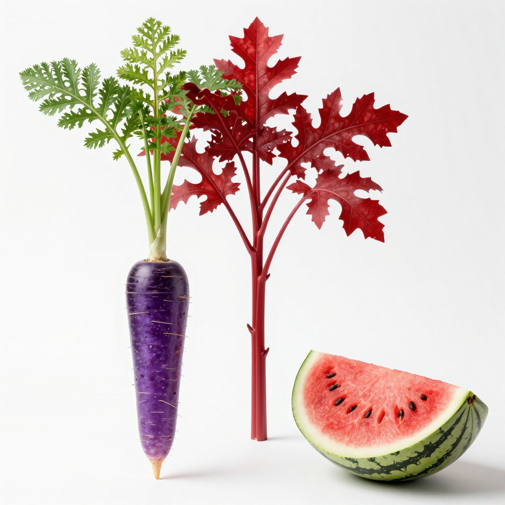 A purple carrot, a red tree with red leaves, and a white wat