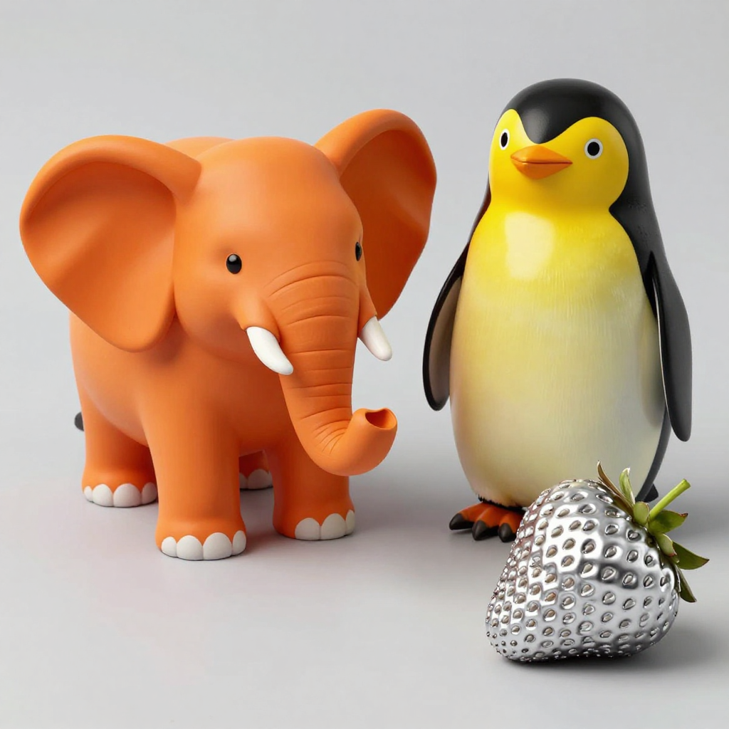An orange elephant, a yellow penguin, and a silver strawberr