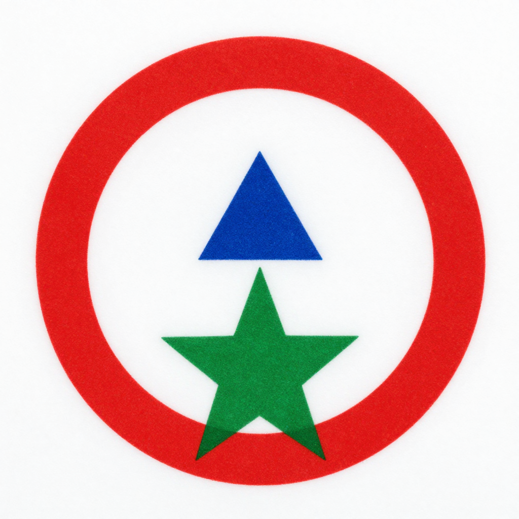 A large red circle, a small blue triangle, and a medium gree