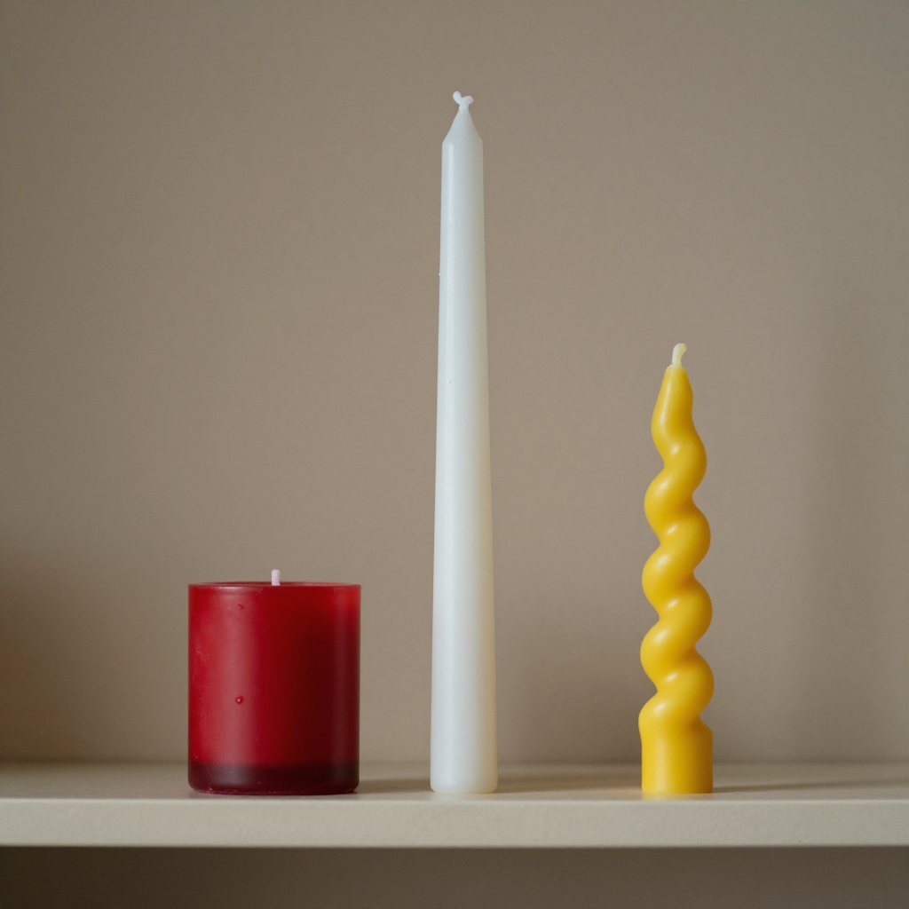 A tall thin white candle, a short fat red candle, and a medi