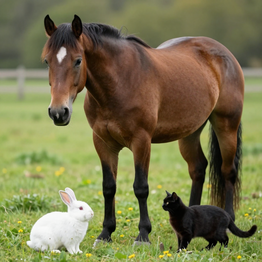 A big brown horse, a small white rabbit, and a medium-sized 