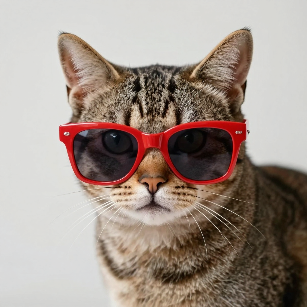A tabby cat wearing oversized red sunglasses