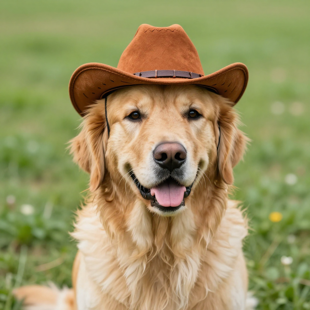 A golden retriever wearing a tiny cowboy hat