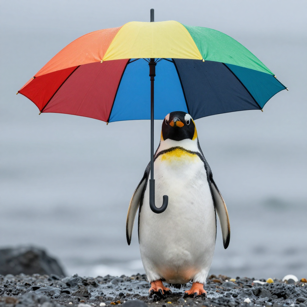 A penguin holding a colorful umbrella