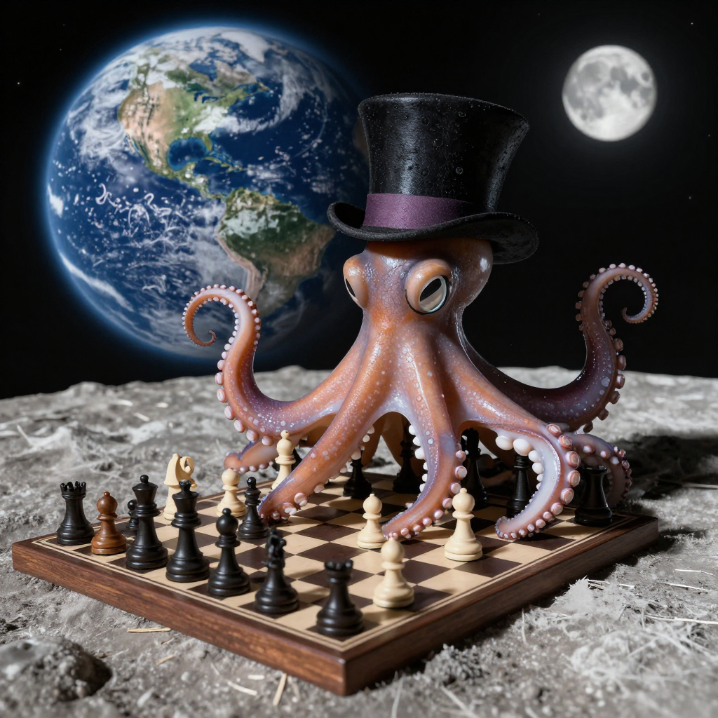 An octopus wearing a top hat and monocle playing chess on th