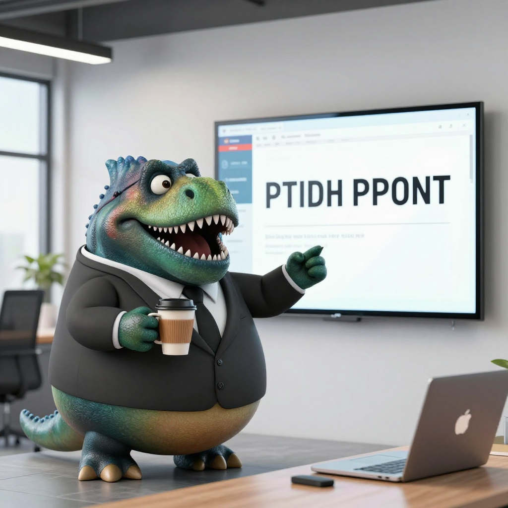 A dinosaur in a business suit giving a PowerPoint presentati