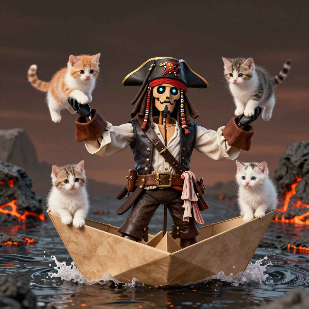 A robot dressed as a pirate sailing a paper boat on a lake o