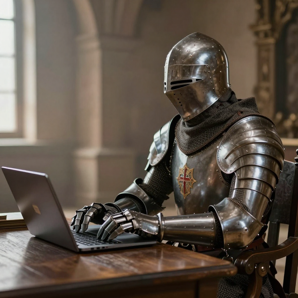 A medieval knight in full armor sitting at a desk typing on 