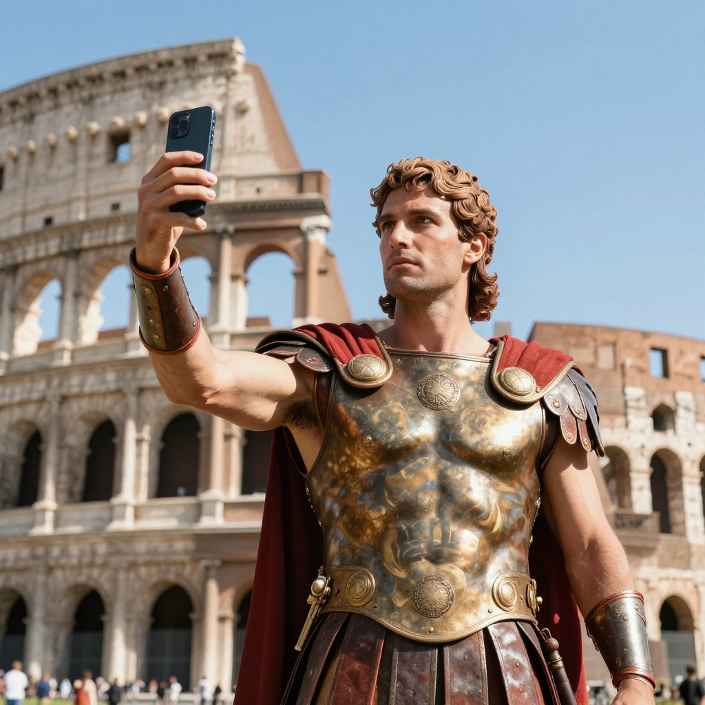 A Roman gladiator taking a selfie with a smartphone in the C
