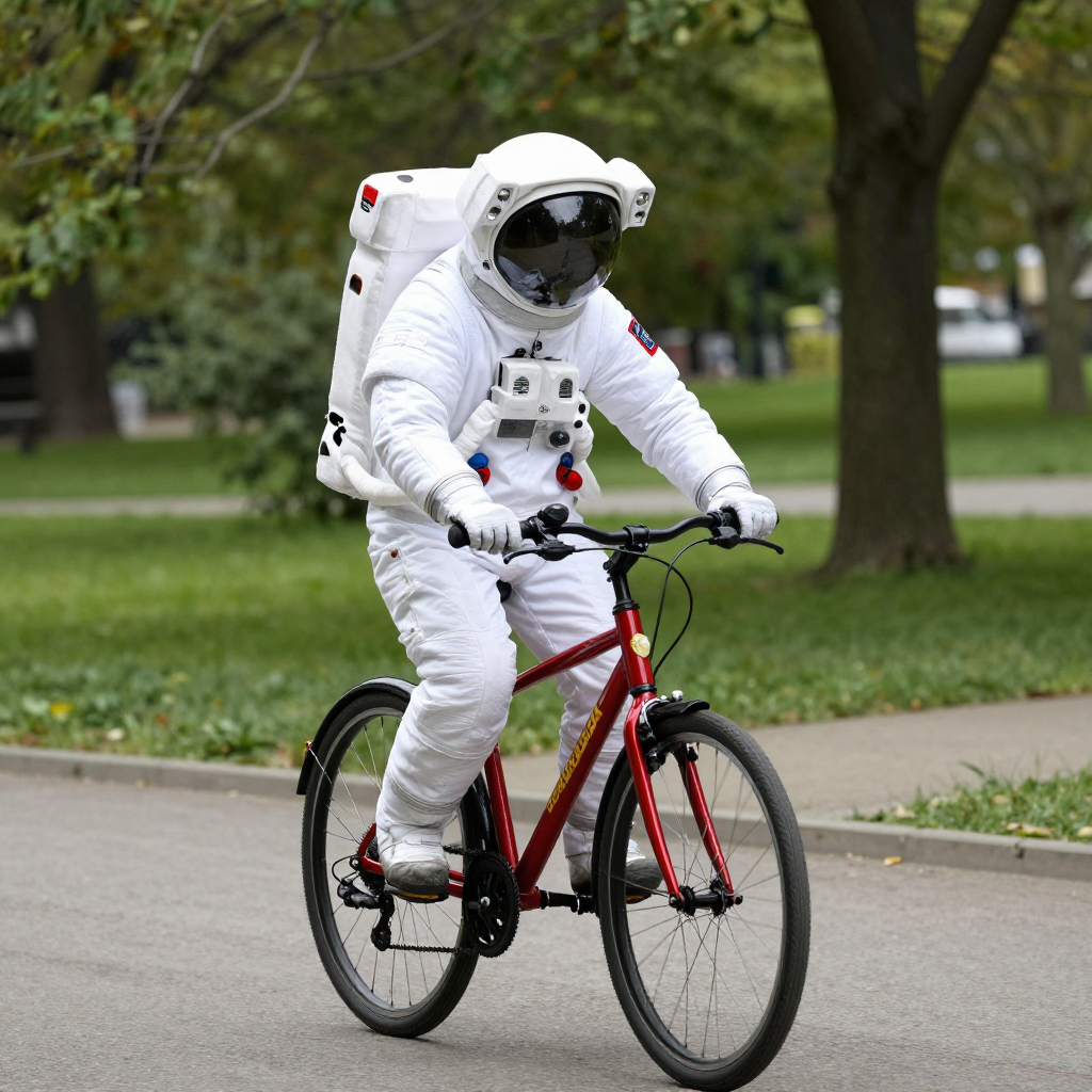 An astronaut in a spacesuit riding a bicycle through a park