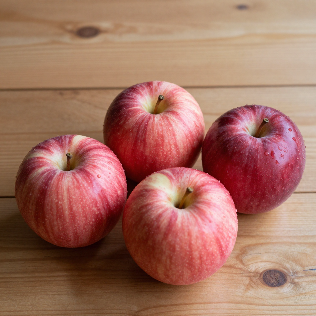 Exactly 3 red apples arranged on a wooden table