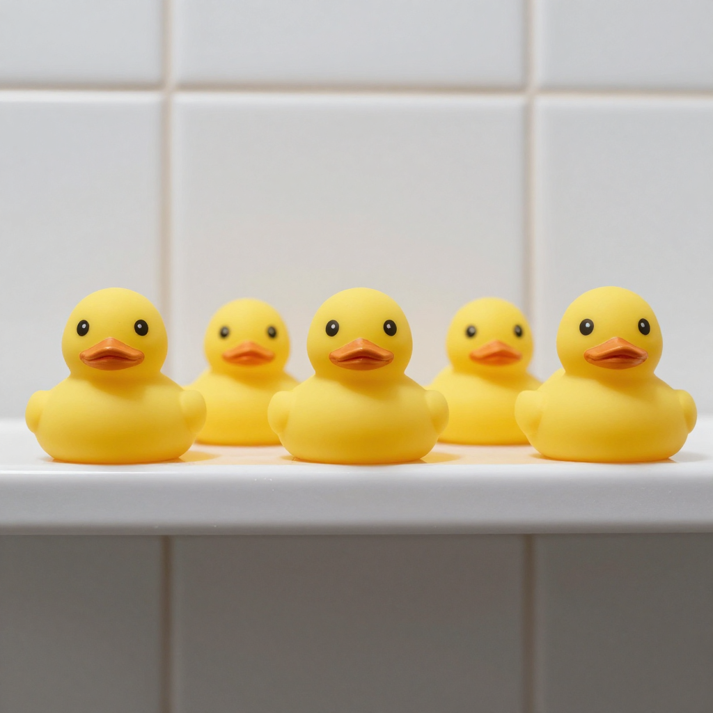 Exactly 5 yellow rubber ducks sitting in a row on a bathroom
