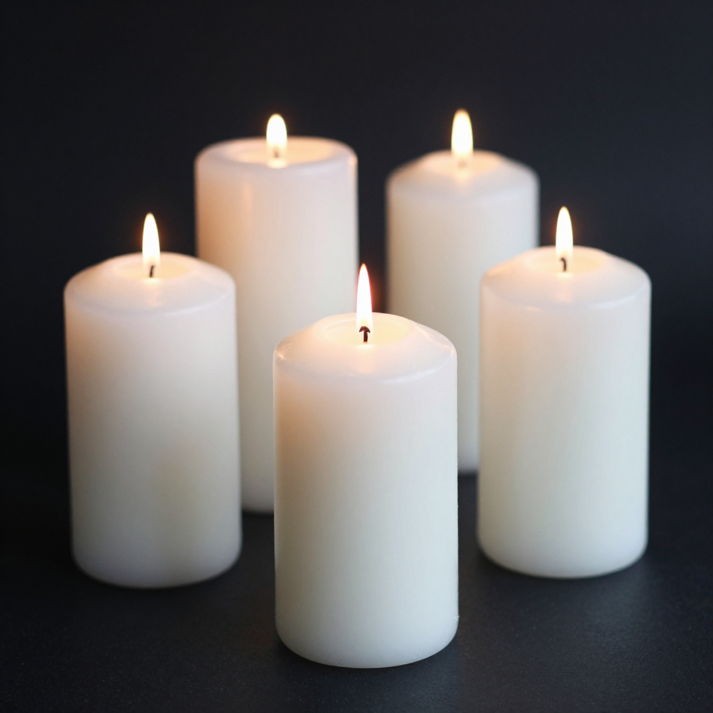 Exactly 4 white candles standing on a dark surface