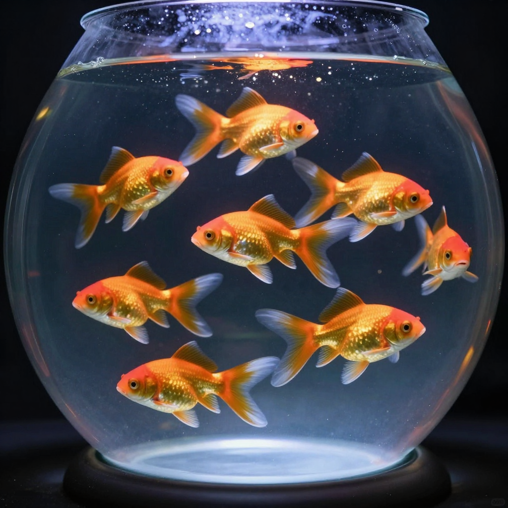 Exactly 9 goldfish swimming in a large round fishbowl