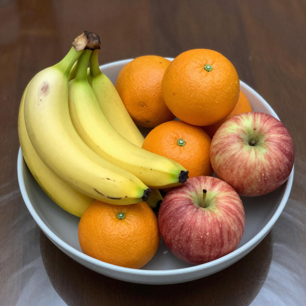 A fruit bowl containing exactly 3 bananas, 4 oranges, and 2 